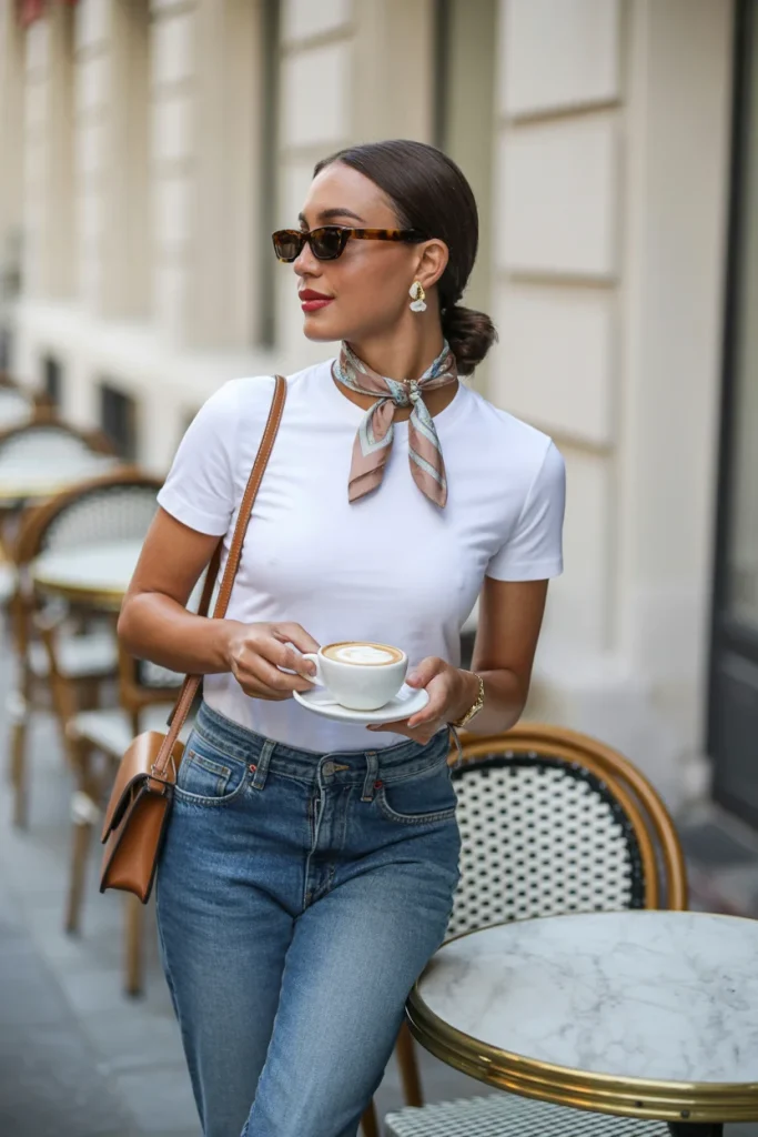 26 Chic Parisian Summer Outfits That Look Effortlessly Expensive 11 Silk Scarf with a Simple White Tee and Denim