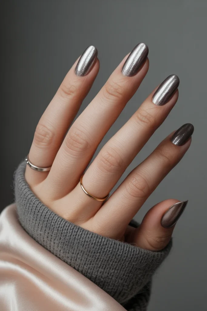 33 Short Nail Design Ideas for Winter That Look Chic, Cozy, and Simply Stunning 22 Silver Velvet Cat Eye Nails