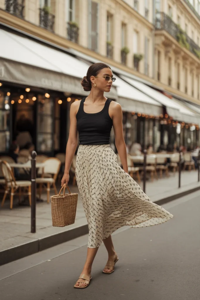 26 Chic Parisian Summer Outfits That Look Effortlessly Expensive 25 Simple Tank with a Printed Midi Skirt