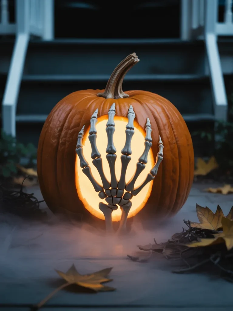 34 Pumpkin Carving Ideas for the Best Halloween Porch on the Block 21 Skeleton Hand Reaching Out