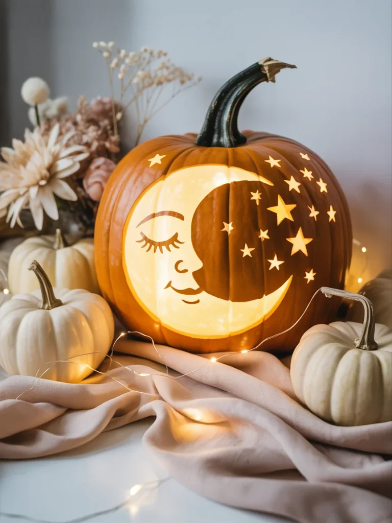 34 Pumpkin Carving Ideas for the Best Halloween Porch on the Block 12 Sleeping Crescent Moon Pumpkin