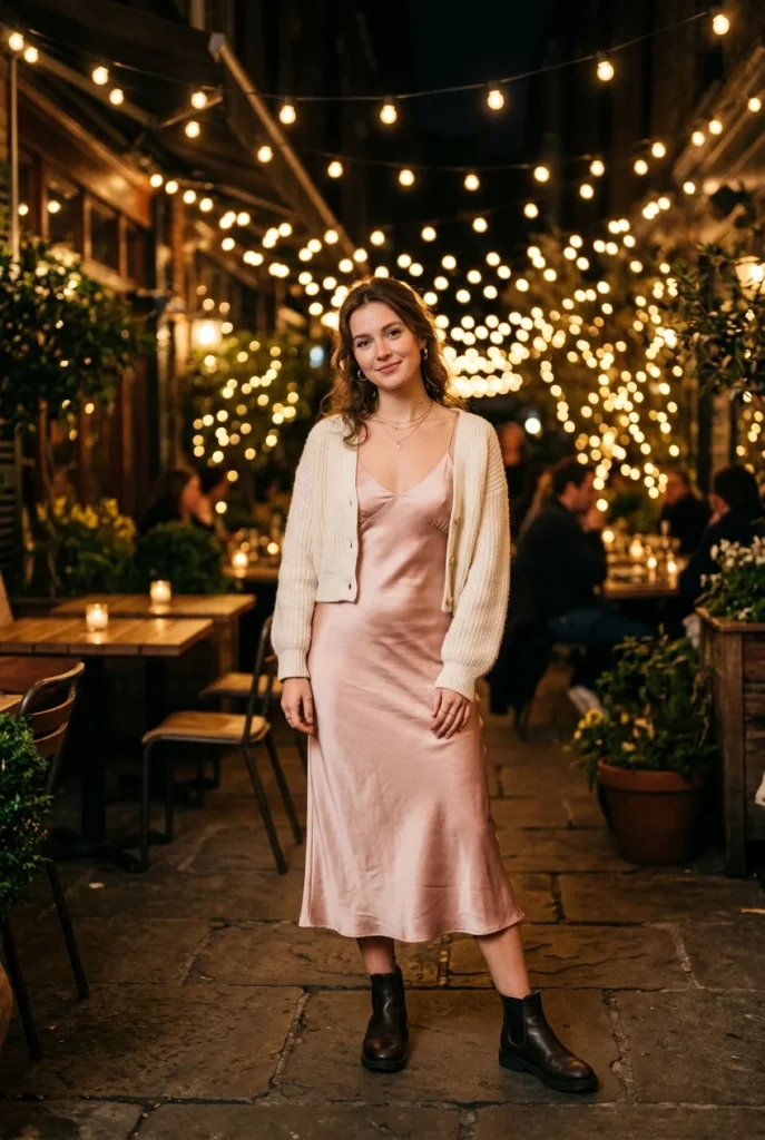 32 Fall Date Night Outfits That Feel Romantic, Cozy, and Chic 13 Slip Dress With a Cropped Cardigan