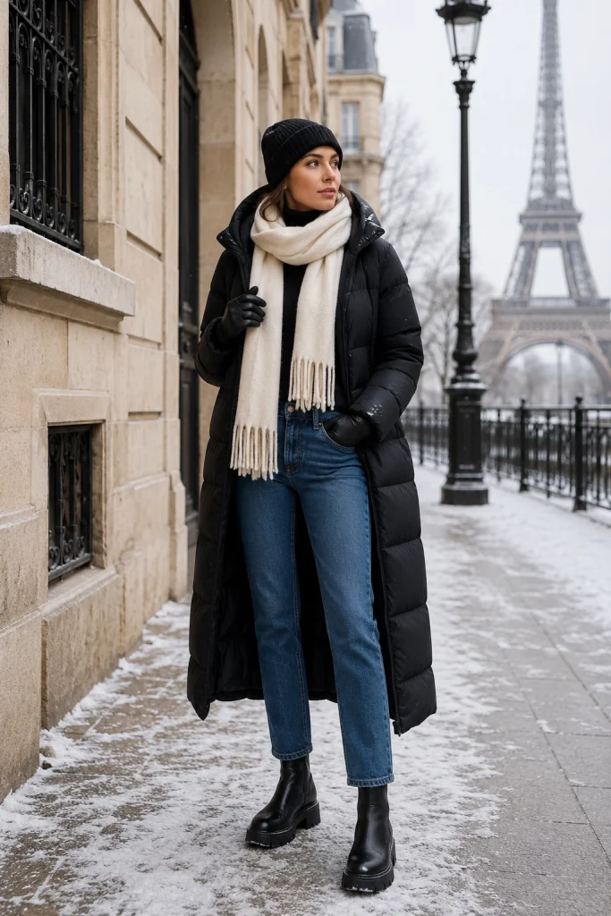 Snowy Day Puffer Thermal Layers and Lug Sole Boots