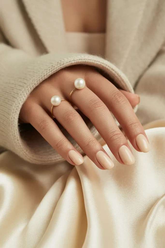 33 Short Nail Design Ideas for Winter That Look Chic, Cozy, and Simply Stunning 37 Soft Beige Nails with Pearl Accent