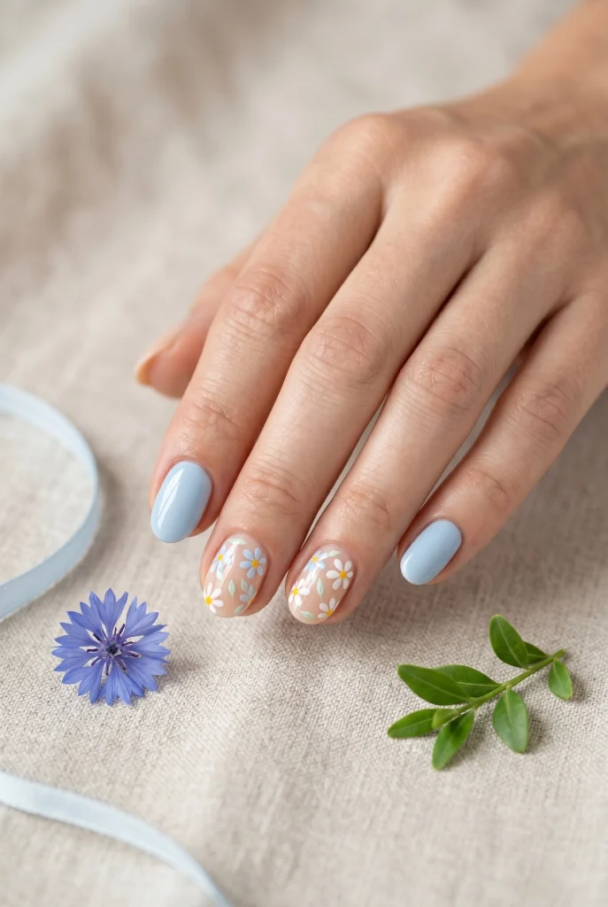 29 Classy Spring Nails That Look Polished, Pretty, and Expensive 16 Soft Blue Floral Nails