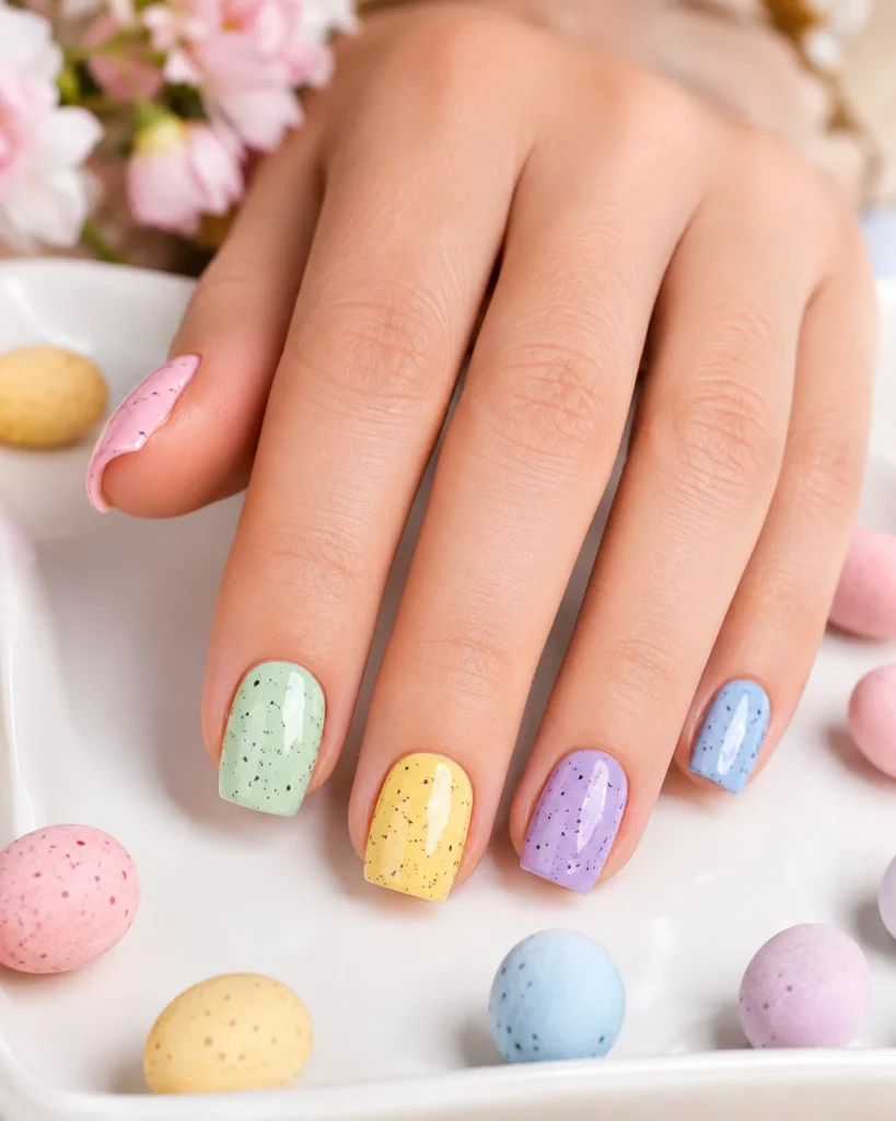 29 Pastel Easter Nail Ideas That Look Sweet, Soft, and So Pretty 7 Speckled Mini Egg Pastel Nails