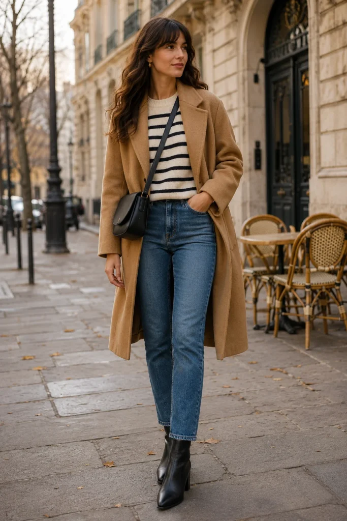 Striped Sweater with Camel Coat and Jeans