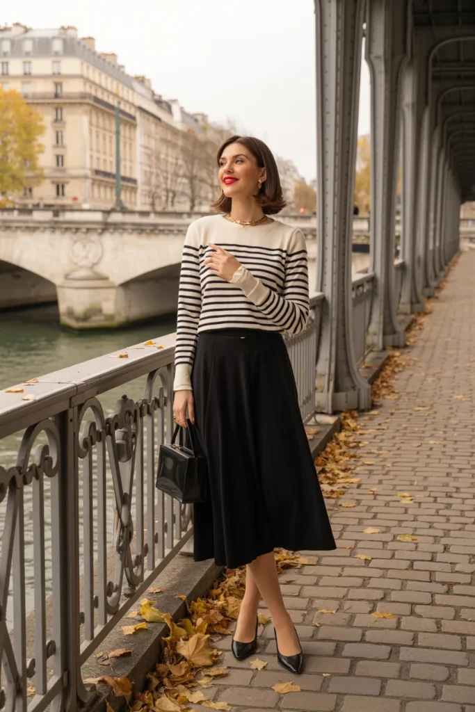 Striped Sweater with a Black Midi Skirt