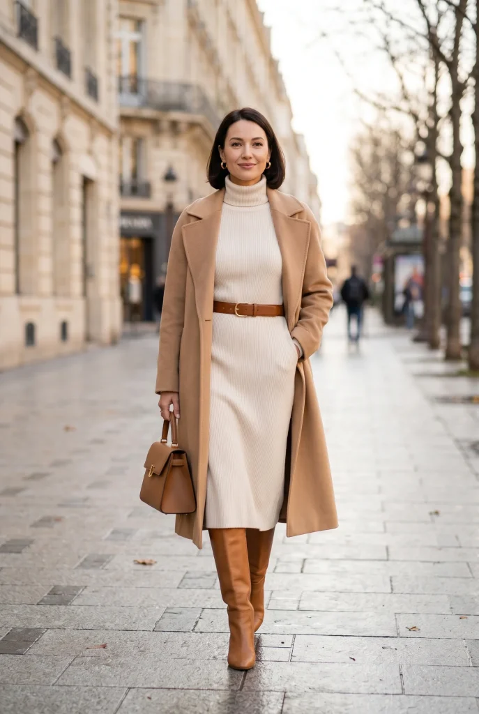 Sweater Dress with a Belt and Tall Boots clean