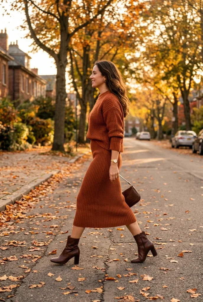 32 Fall Date Night Outfits That Feel Romantic, Cozy, and Chic 37 Sweater Set With Heeled Boots