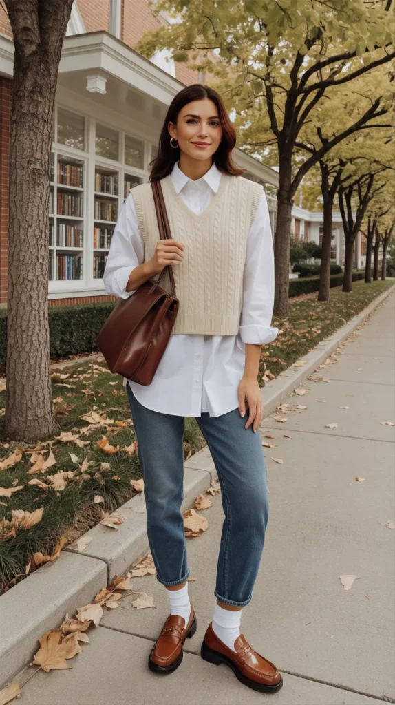 28 Chic and Cozy Fall Outfits You’ll Want to Copy This Season 14 Sweater Vest Over a Button Down Shirt