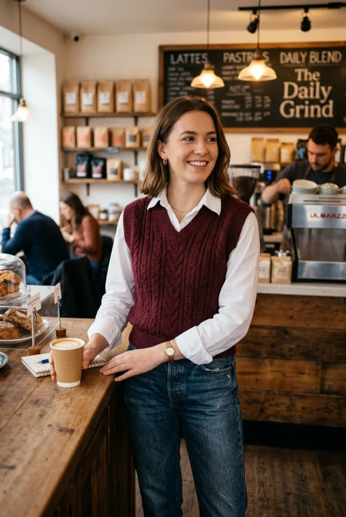 32 Fall Date Night Outfits That Feel Romantic, Cozy, and Chic 31 Sweater Vest With a White Shirt and Jeans