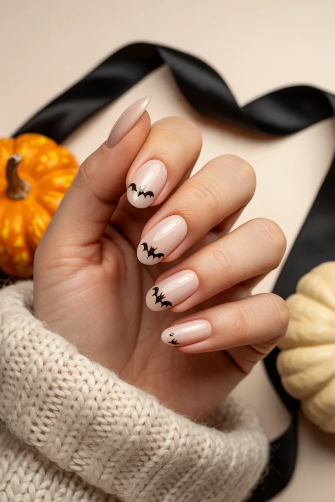 31 October Nail Ideas for Cozy, Spooky, and Classy Fall Vibes 11 Tiny Black Bats on Nude Nails