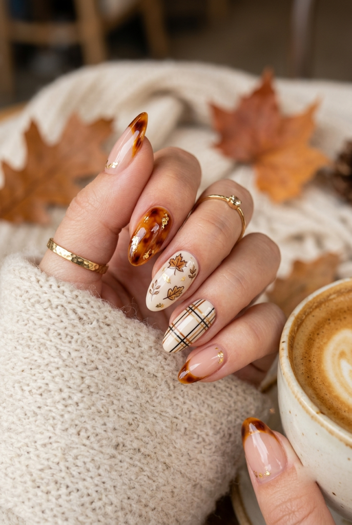 29 Classy Fall Nails That Look Sophisticated, Cozy, and Expensive 8 Tortoiseshell Plaid and Seasonal Art Nails