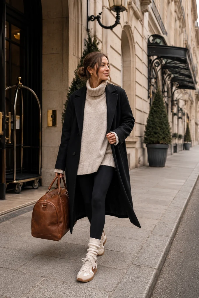 Travel Day Wool Coat Leggings and Tall Socks