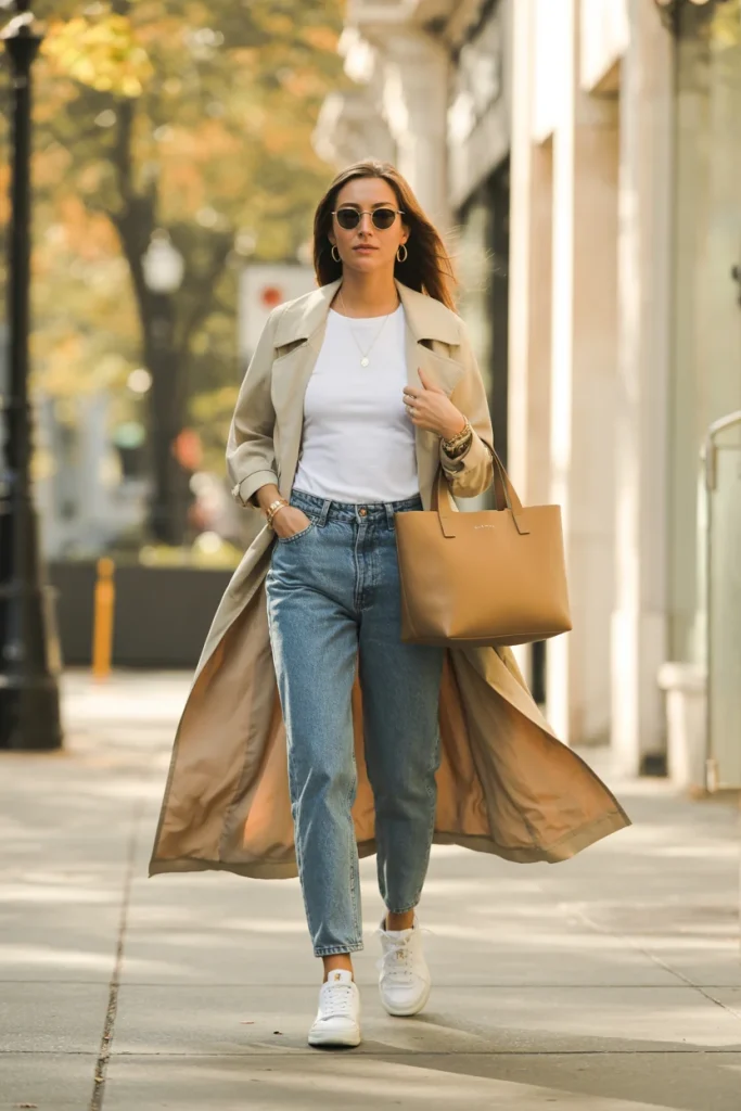 34 Casual Fall Outfits That Look Laid-Back, Chic, and Easy to Copy 4 Trench Coat White Tee and Blue Jeans
