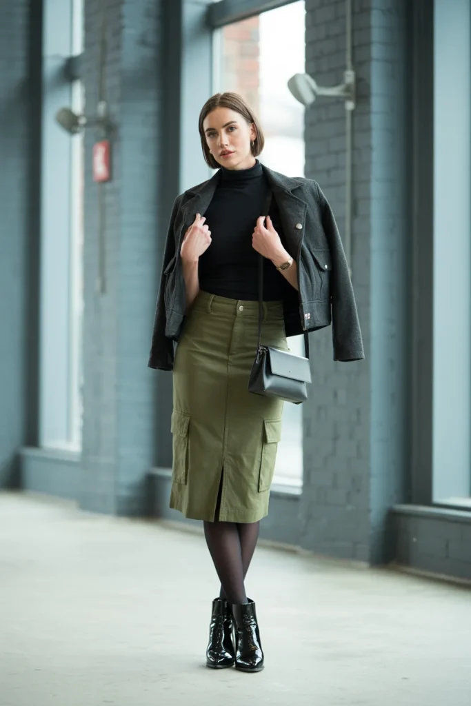 33 Winter Date Outfits That Feel Romantic, Warm, and Stunning 27 Turtleneck Cargo Skirt and Opaque Tights