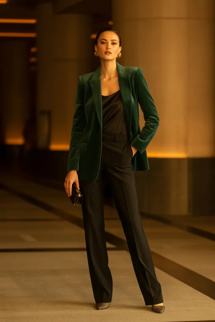 33 Winter Date Outfits That Feel Romantic, Warm, and Stunning 30 Velvet Blazer and Straight Trousers