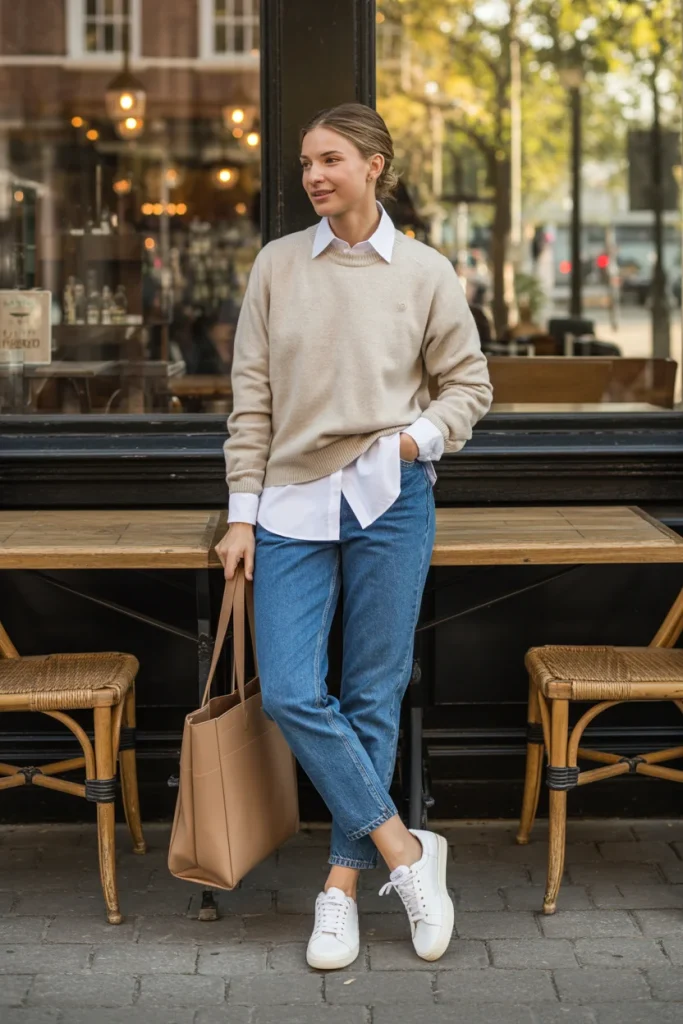 34 Casual Fall Outfits That Look Laid-Back, Chic, and Easy to Copy 15 White Button Down Crewneck Sweater and Sneakers