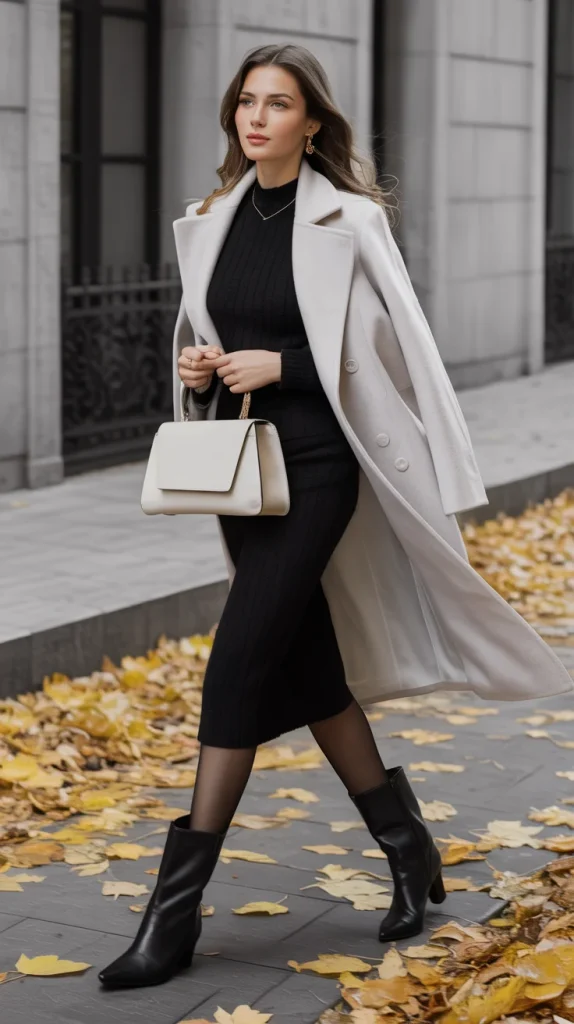 31 Old Money Fall Outfits That Look Effortlessly Expensive 10 White Coat Black Knit Dress Tights and Knee High Boots