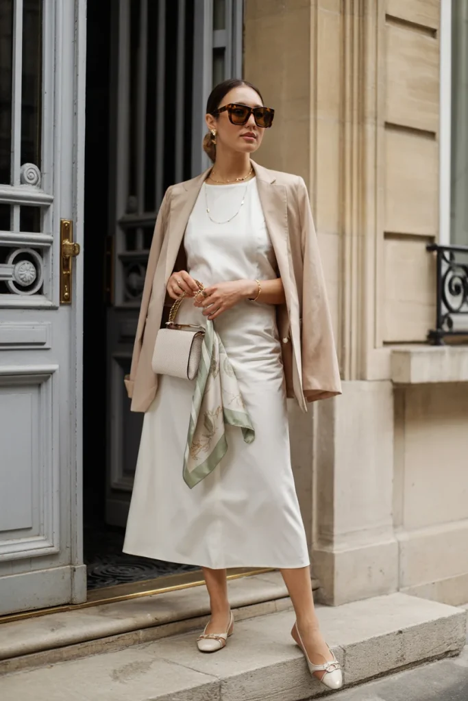 26 Chic Parisian Summer Outfits That Look Effortlessly Expensive 28 White Dress with a Lightweight Blazer