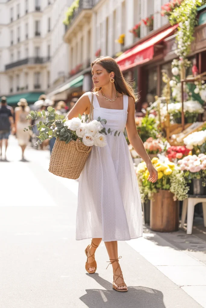 26 Chic Parisian Summer Outfits That Look Effortlessly Expensive 9 White Sundress with a Basket Bag