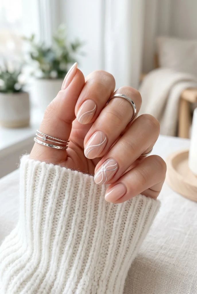 White and Silver Swirl Nails