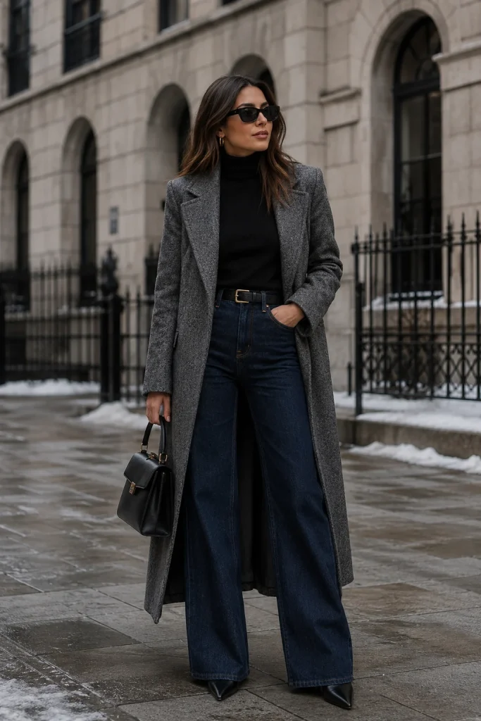 Wide Leg Jeans with a Fitted Turtleneck