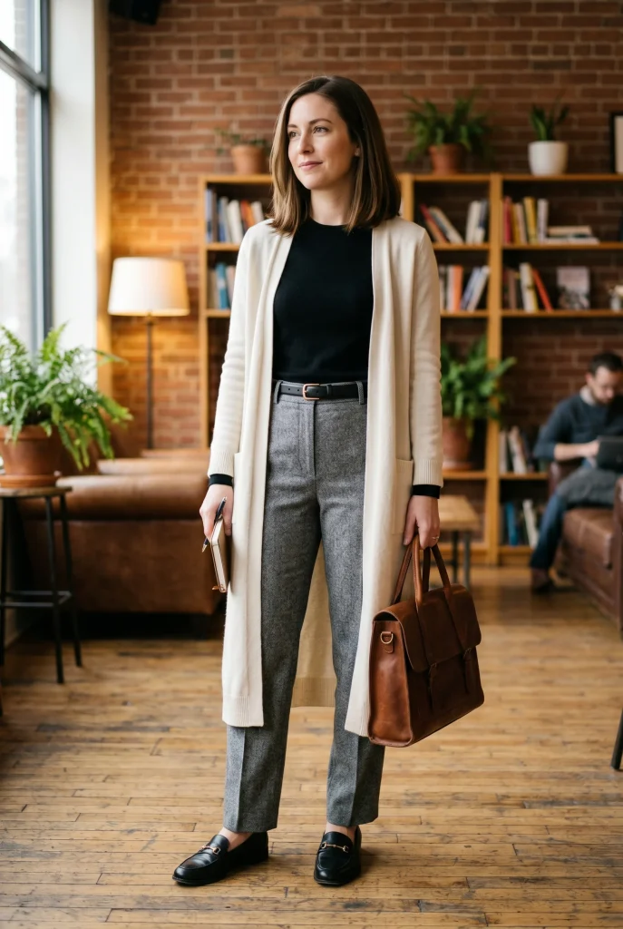 Wool Trousers with a Long Cardigan